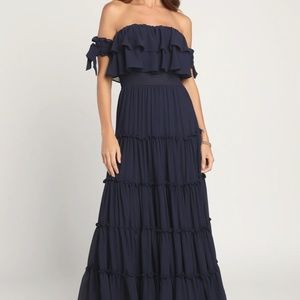 NWT Lulu's Chance For Us Navy Blue Off-the-Shoulder Ruffled Maxi Dress (Small)
